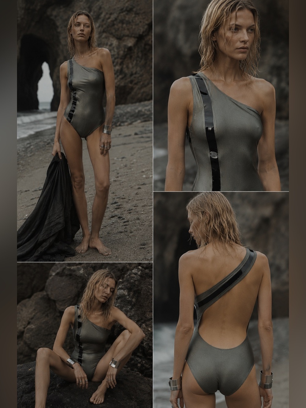 LENNY NIEMEYER Gunmetal Metallic One Shoulder Swimsuit Size Medium